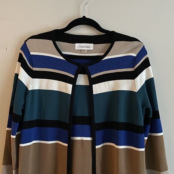 Calvin Klein Wmn S Multicolor Striped Long Sleeve Knee Length Open Front Sweater - Picture 4 of 9